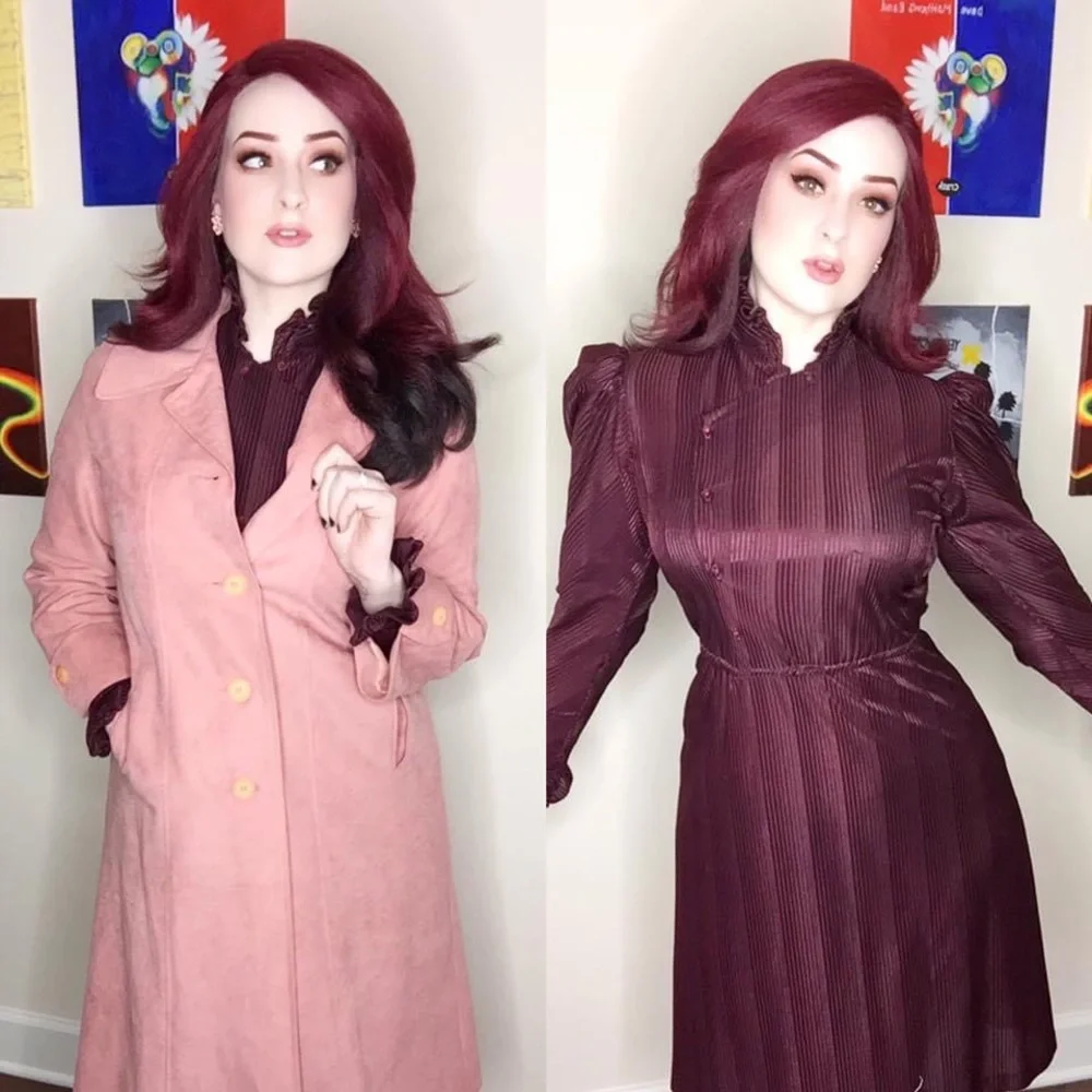 Vintage Merlot Ruffle High-Neck Puff Sleeve Dress - Picture 10 of 12